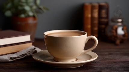 Fototapeta premium A cozy still life featuring a cup of warm beverage surrounded by stacked books and natural elements on a wooden surface