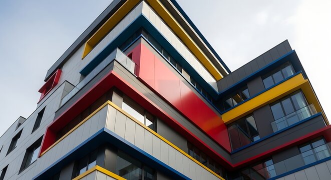 Modern apartment building architecture with colorful facade elements in red, yellow, and blue, featuring geometric balconies and large windows against a clear sky