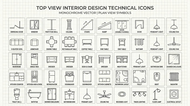 Top View Interior Design Technical Icons Collection.