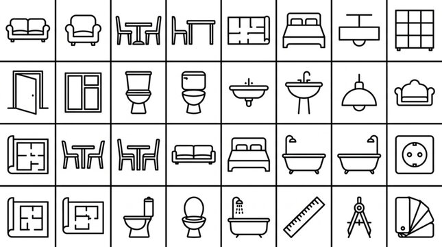 Collection of interior design and home furnishing icons.