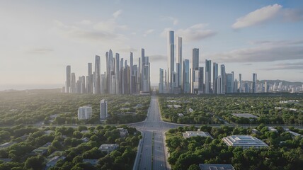 Fototapeta premium Aerial view of a modern futuristic city skyline with skyscrapers surrounded by lush green parks and a wide boulevard