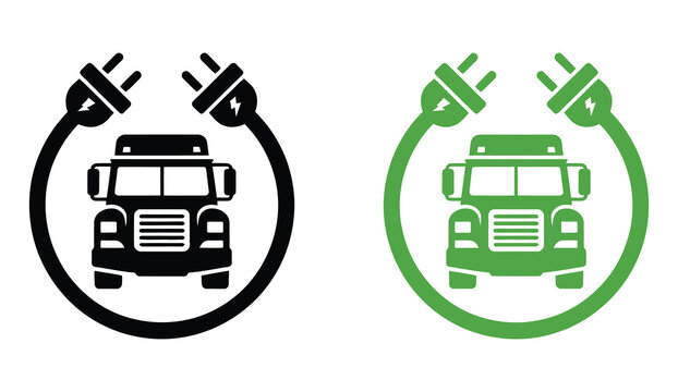 Electric truck icon in front view with plug, electrical charging station symbol, green vehicle transportation icons silhouette, eco friendly heavy vehicle transport with electricity, electric lorry 