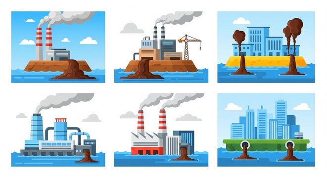 Industrial factories polluting water with dark smoke and waste, illustration