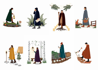 Naklejka premium Collection of flat vector illustrations featuring travelers in hooded cloaks exploring mystical forests and snowy landscapes in a fantasy adventure theme.