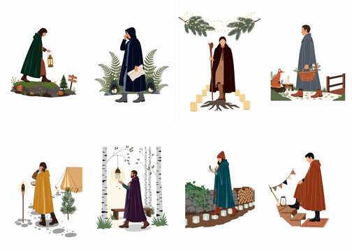 Collection of flat vector illustrations featuring travelers in hooded cloaks exploring mystical forests and snowy landscapes in a fantasy adventure theme.