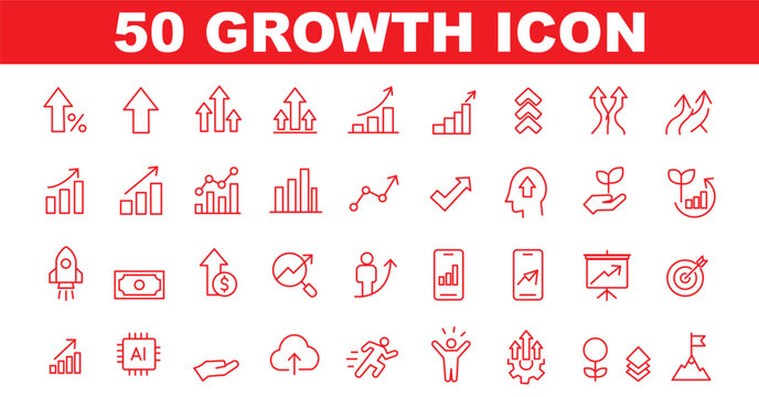 Growth icon set. Containing arrow up, growing graph, business chart icons. Vector illustration.