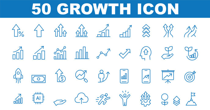 Growth icon set. Containing arrow up, growing graph, business chart icons. Vector illustration.