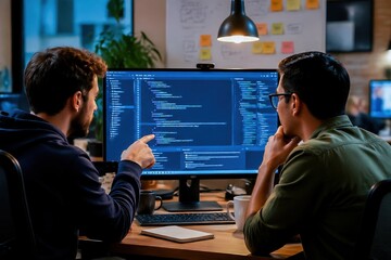 Software developers collaborating on a coding project in a modern office setting