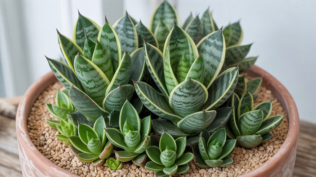 A detailed botanical photograph of a thriving Sansevieria 'Jade Pagoda' snake plant displaying its d