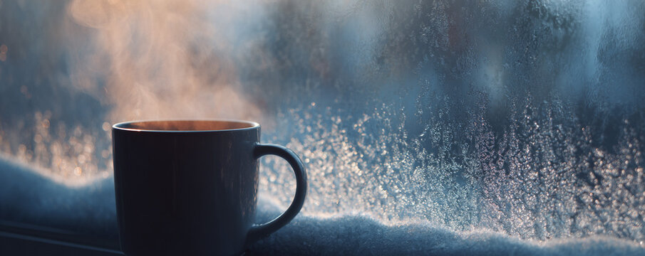 Condensation running down frosted window, crisp steam plume rising from mug 32k ultra HD