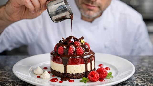 Professional Pastry Chef Pouring Rich Chocolate Sauce over Raspberry Mousse Cake Dessert