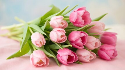 Fototapeta premium A beautiful bouquet of pink tulips on a pink surface with green leaves and a blurred blue and white background
