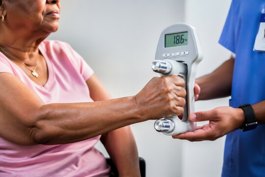 Elderly woman undergoing hand grip strength test with healthcare professional in a medical clinic setting