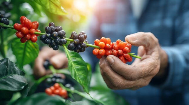 Close-up of coffee plant branch with ripe and unripe coffee cherry fruit