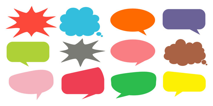 A simple design set of colorful message comment chat boxes. A collection of comic and social media speech bubbles, text boxes, and chat boxes. A vector set of comic and social media speech bubbles.