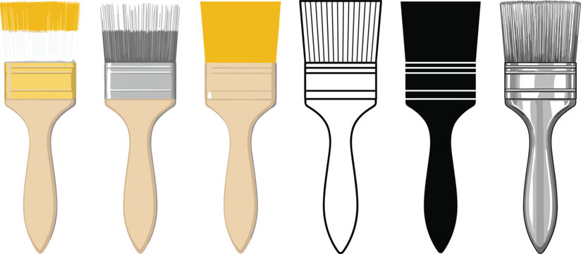 Set of Paint Brush Vector Icons in Various Styles Including Flat Line Art Silhouette and Realistic Textured Finishes.eps
