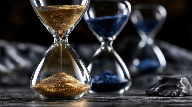 Hourglass sand time countdown glass gold blue focus still life reflection Elegant glass hourglass with golden sand and blue sand background symbolizing passing time and patience dark textured