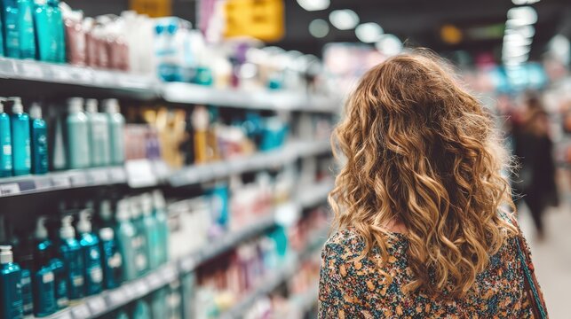 Shopper examines the variety of beauty products displayed on the shelves of a retail store.