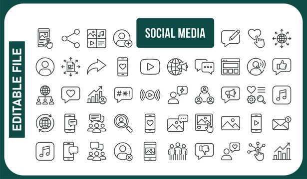 Social media thin line icons set. Content, social network icon. Editable stroke. Vector