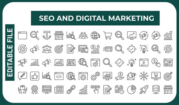 SEO and Digital marketing thin line icon set. Search engine optimization icons. Editable stroke. Vector