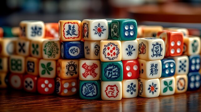 Artistic Stack of Colorful Traditional Mahjong Dice on Dark Wood Table.