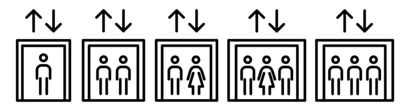 Elevator icon set with passenger symbols and capacity signs. Outline lift pictograms showing men, women and wheelchair users inside cabins. Wayfinding signage for buildings, floor navigations.