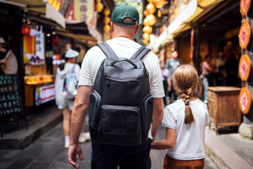 Adult male and young girl walking together through a vibrant market street with colorful lanterns and shops in the background, showcasing a lively atmosphere © Dasha Petrenko