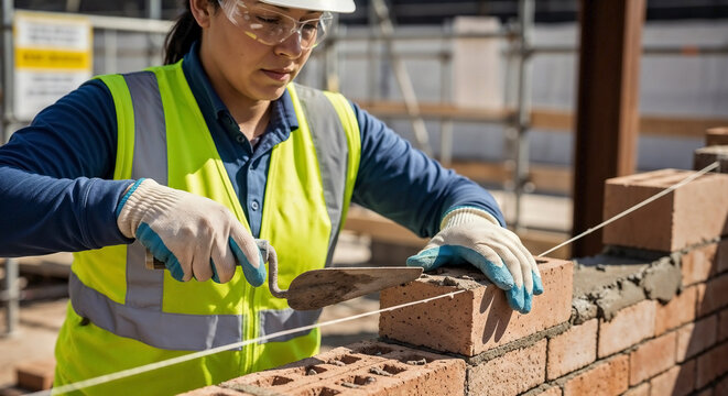 Skilled woman bricklayer at construction site laying bricks with trowel, wearing safety glasses and gloves.