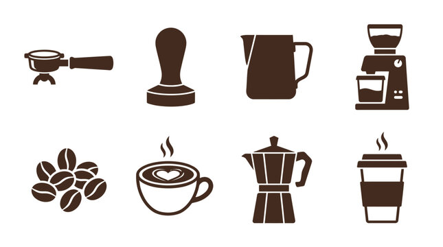 Various coffee-making tools and elements arranged artistically, showcasing brewing methods and beverages