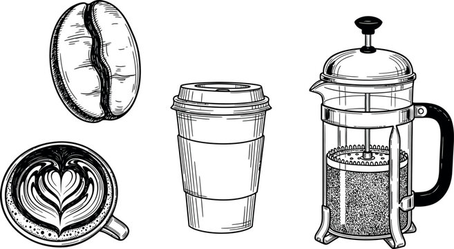 Coffee essentials illustration set with coffee bean cup latte art and french press