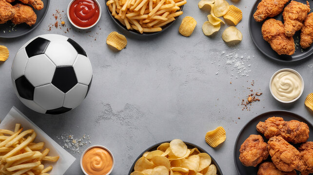 AI-generated soccer ball with snacks and fast food on gray table for football party, game night, and sports viewing concept
