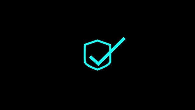 A vibrant green checkmark is positioned within a shield outline signifying security protection and successful validation on a black background high quality