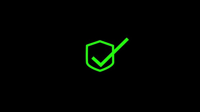 A vibrant green checkmark is positioned within a shield outline signifying security protection and successful validation on a black background high quality