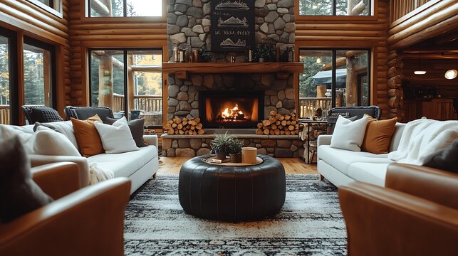 Cozy Log Cabin Living Room with Roaring Stone Fireplace and Elegant Decor.