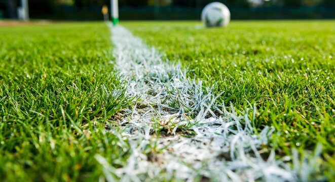 Low angle view of a white painted boundary line on a green grass football pitch with a soccer ball in the blurred background