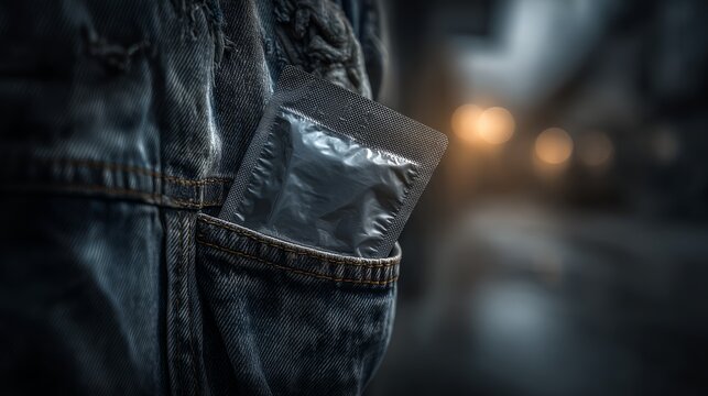 Condom in pocket of worn denim jeans close-up with blurred background