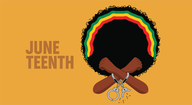 Afro hairstyle with colorful bands frames crossed arms and broken handcuffs for Juneteenth.