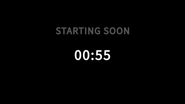 60 to 0 seconds, 1 minutes countdown with animated text streaming starting soon, 4k video on black background