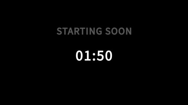 120 to 0 seconds, 2 minutes countdown with animated text streaming starting soon, 4k video on black background