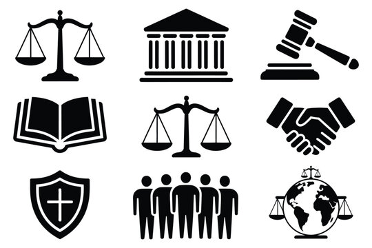 Legal and justice system icons set featuring scales of justice courthouse gavel shield and handshake symbols, law and order collection, professional vector illustration on transparent background.