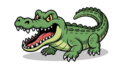 Fototapeta premium Fierce cartoon alligator mascot character showing sharp teeth and a grumpy expression on white background