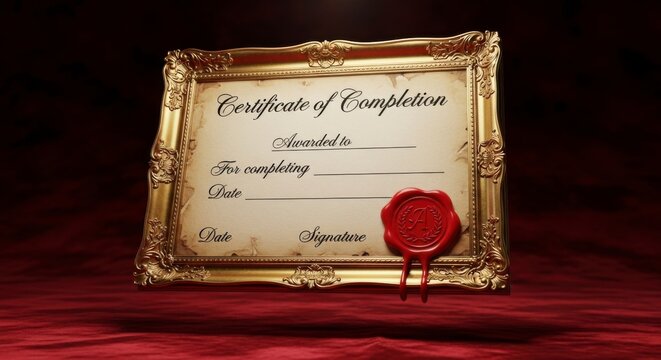 Certificate of Completion in gold frame with red wax seal