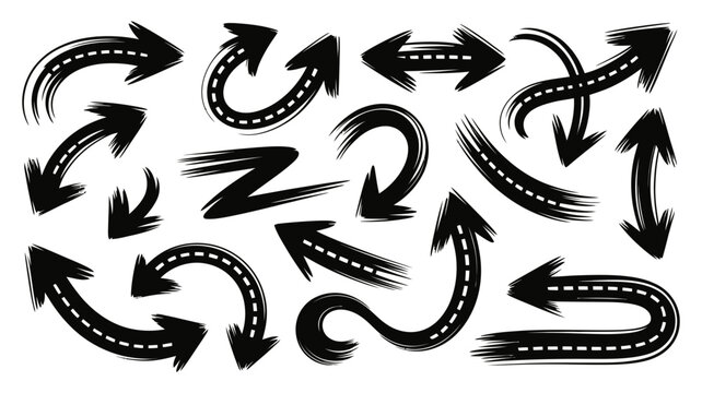 Collection of hand drawn grunge road arrows with white dashed lines isolated on a white background, direction