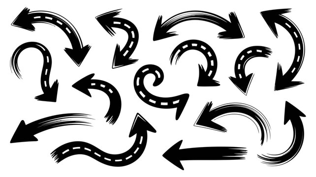 Set of various hand drawn brush stroke arrows with dashed road center lines for navigation and direction