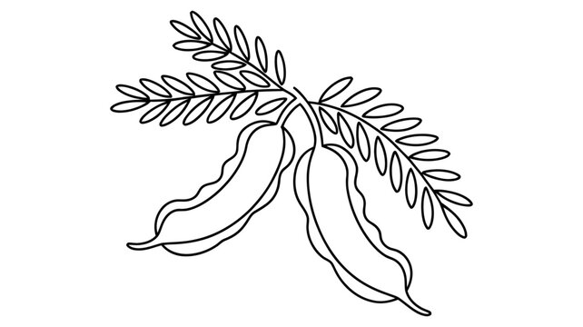 Continuous single line drawing of tamarind fruit pods with pinnate leaves botanical illustration, tamarind