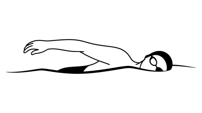 Simple line illustration of a professional swimmer performing front crawl stroke in water with swimming