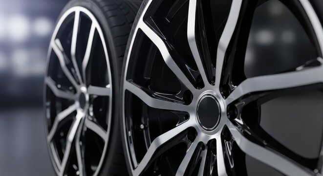 Closeup of two modern alloy car wheels with silver accents