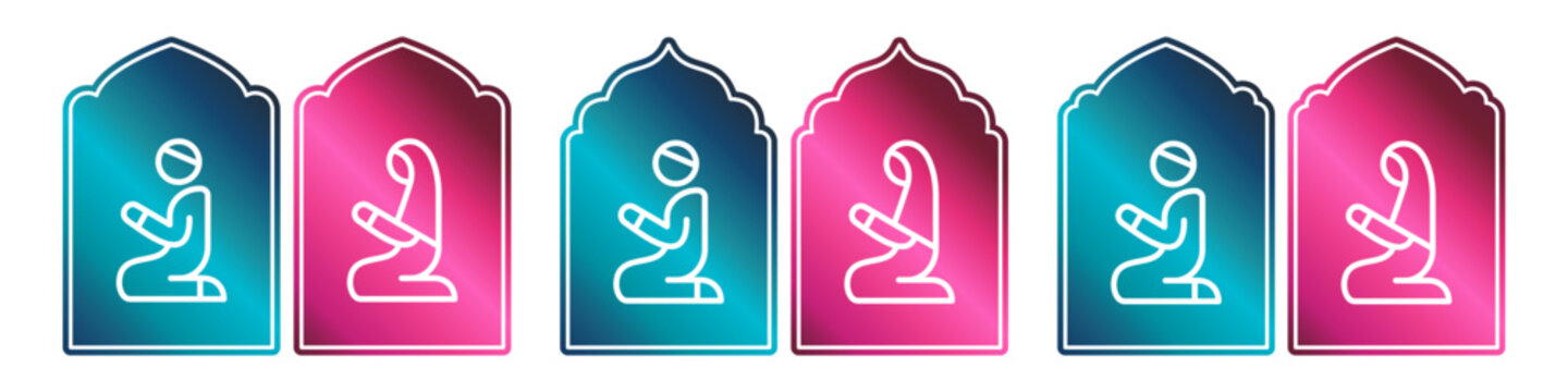 Muslim prayer room icon set with male and female figures in decorative outline plaques. Colourful islamic symbols in different arch shapes with prayer poses. Vector signage elements.