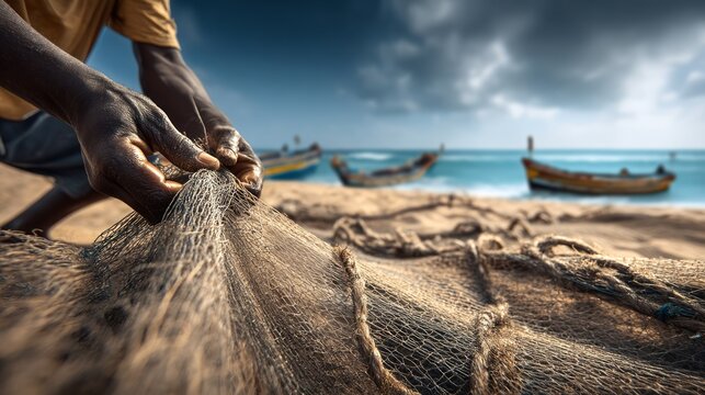 Fisherman Hands Repairing Fishing Net by Seashore with Boats in Background