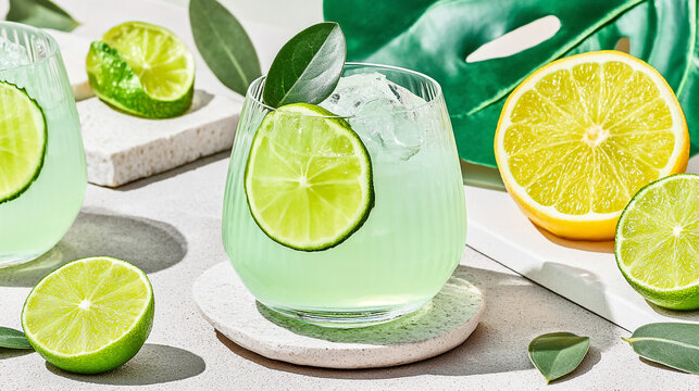 Artistic display of lime and lemon cocktails with lime slices and tropical leaves, light green